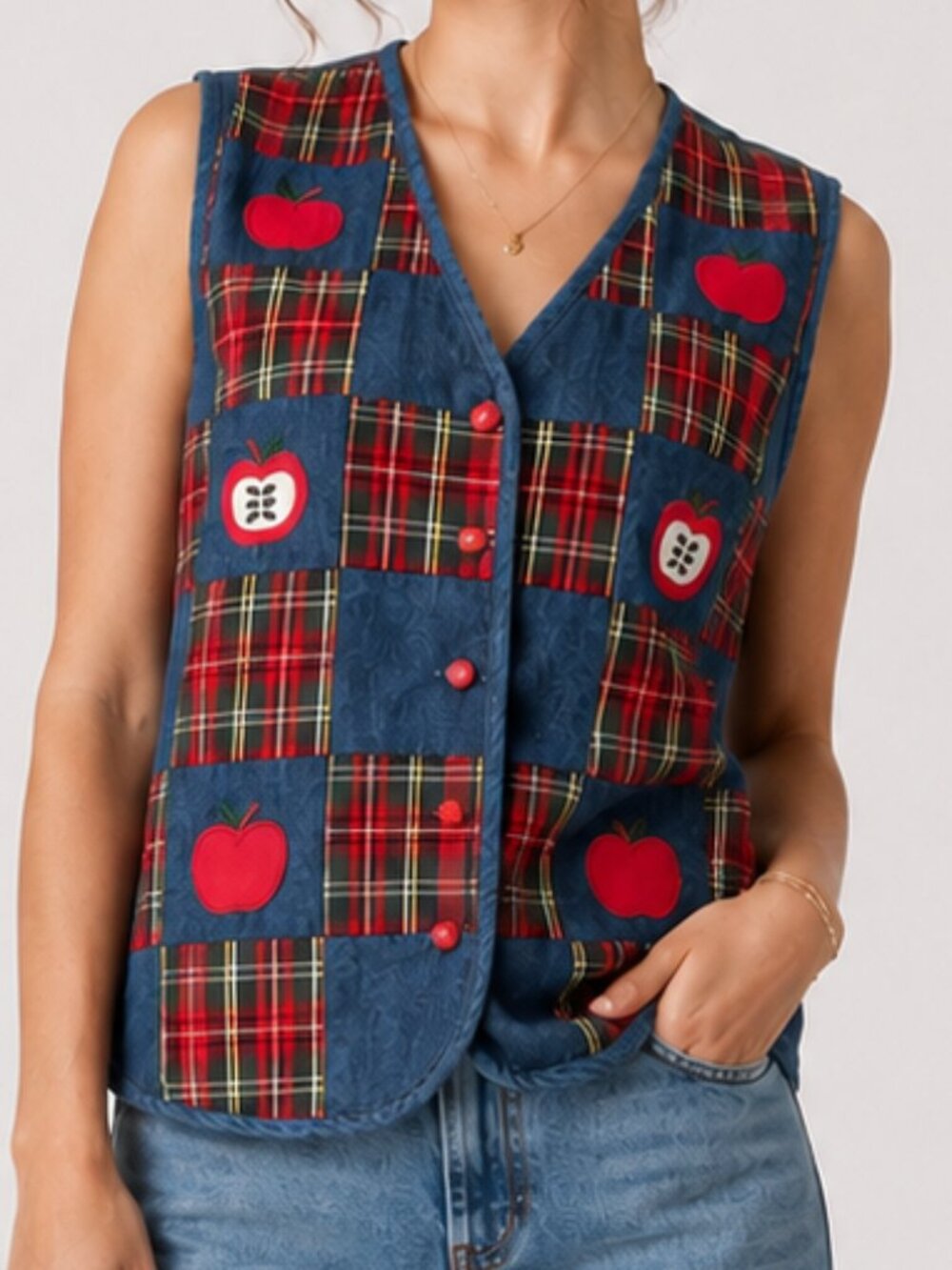 Vintage Apple School Theme Denim Plaid Patchwork Vest Bechamel Large